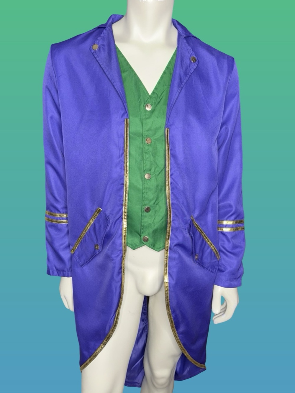 Joker-Inspired Tailcoat Jacket with Gold Trim & Green Vest Combo Mens Size S